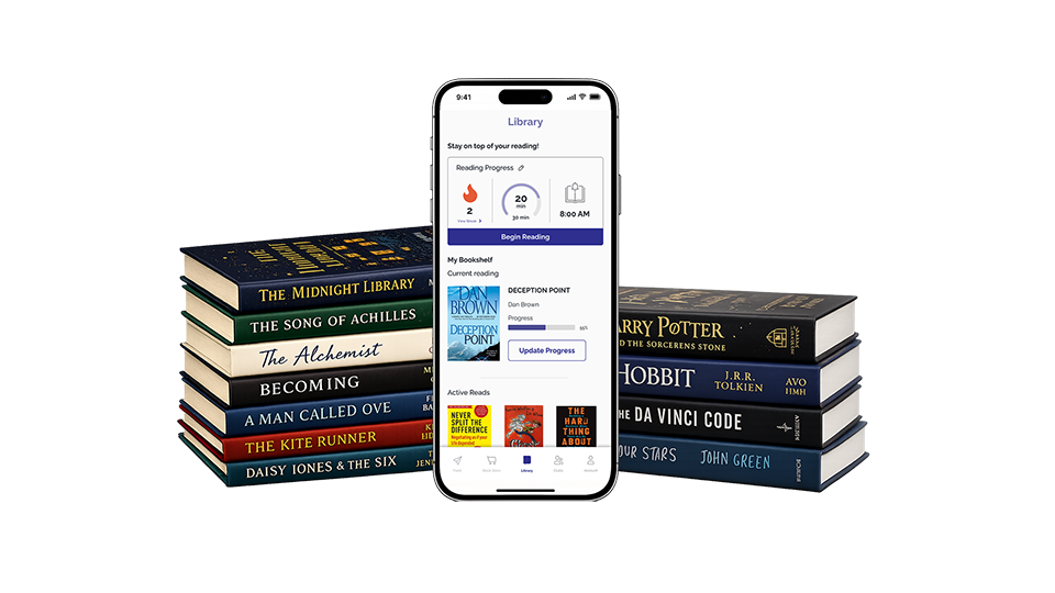 BookR app surrounded by stacked books